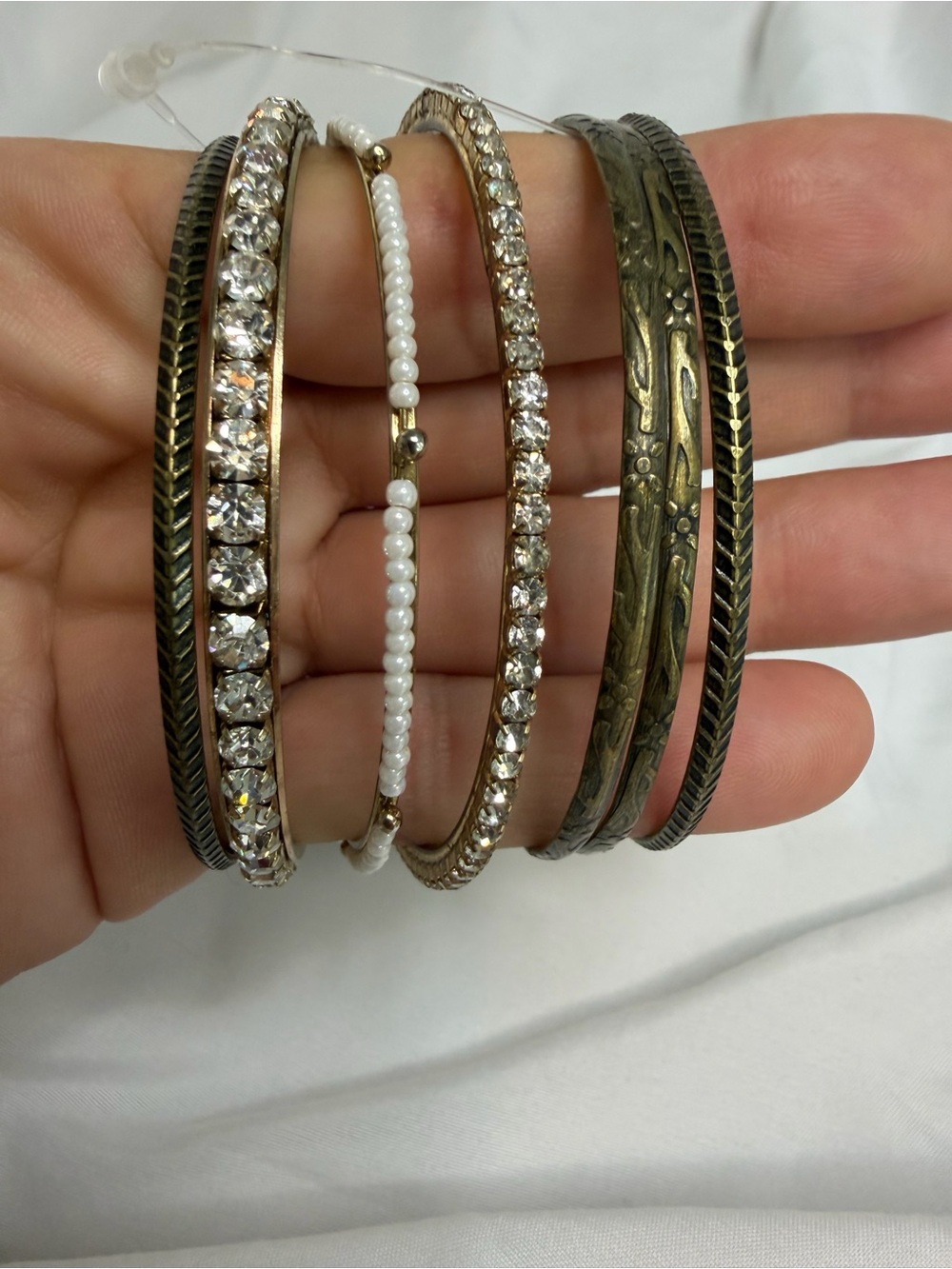 Crystal & Beaded Stackable Bangle Bracelet Set - White and Antique Gold